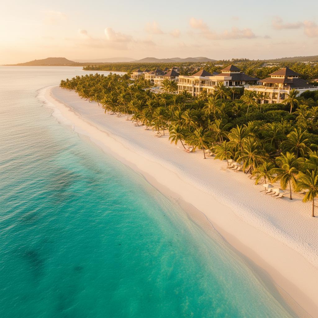Praia tropical paradisíaca com água cristalina e palmeiras